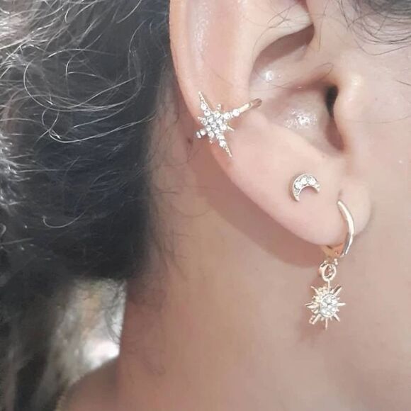 Bohemian Sun Moon Stars Celestial Faux Gold and Diamond Stud - Picture 5 of 5